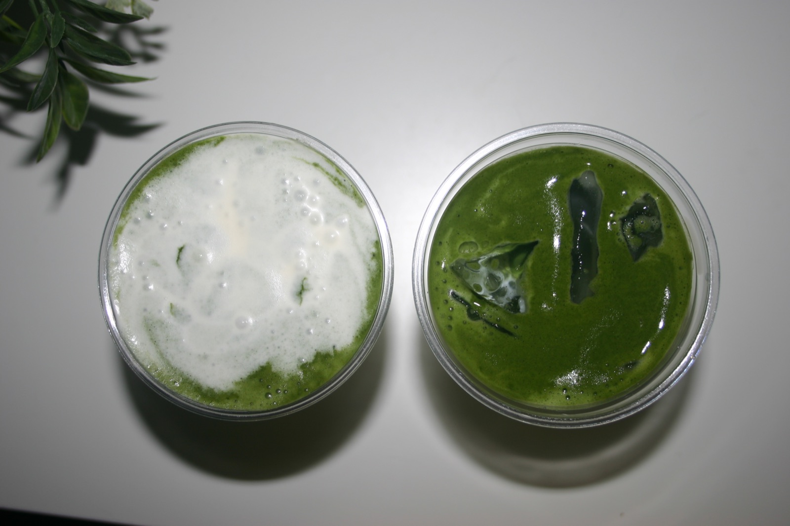 Top view of two iced matcha drinks